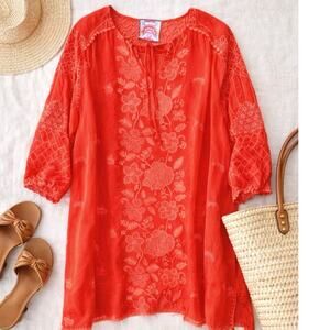 Johnny Was Coral Red Embroidered Tunic Blouse 2X XXL Boho Silk Rayon Flowy Top